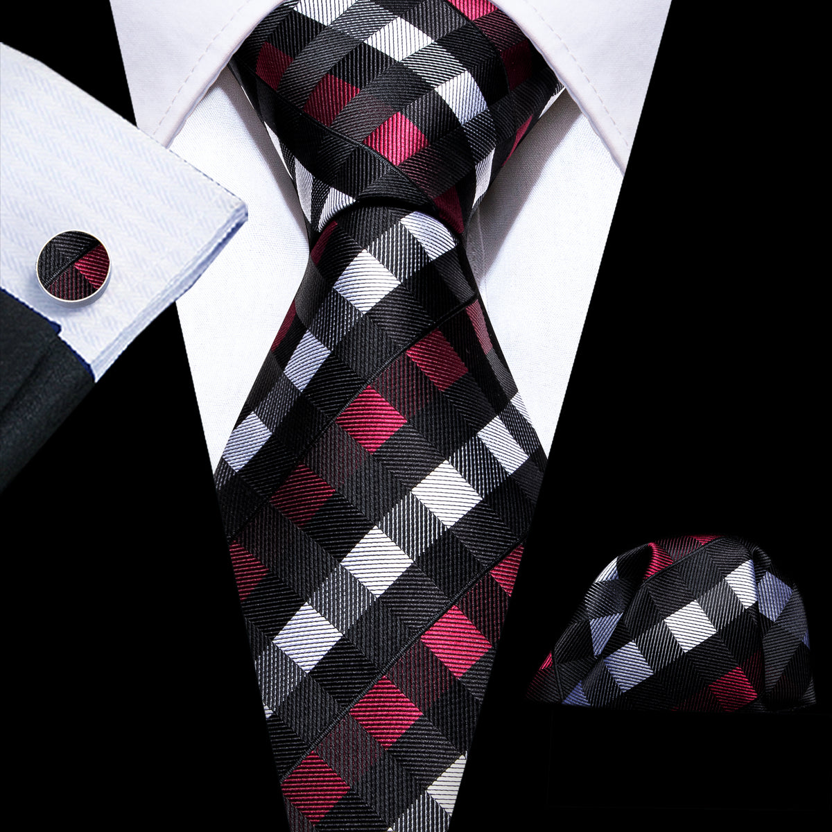 Black Red White Plaid Tie, Pocket Square and Cufflinks Set tie sets    - Sophisticated Gentlemen