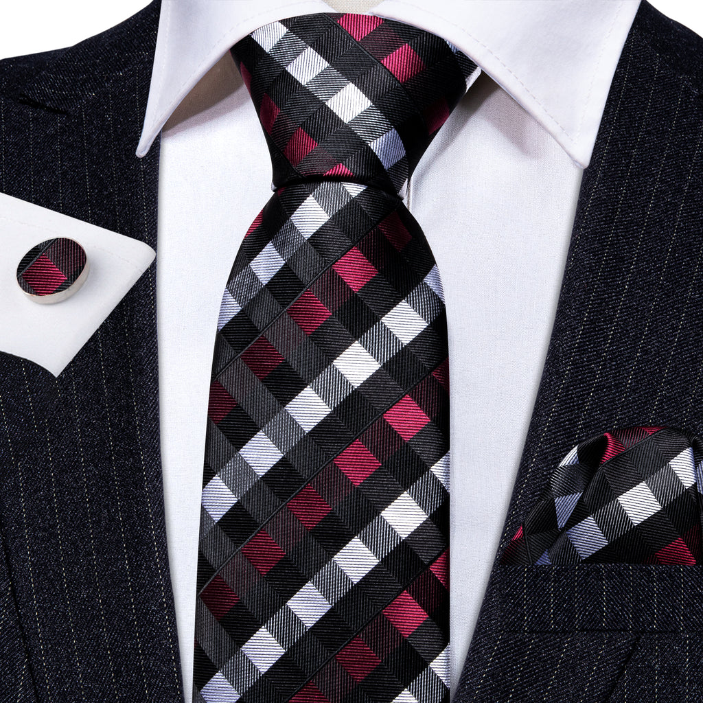 Black Red White Plaid Tie, Pocket Square and Cufflinks Set tie sets    - Sophisticated Gentlemen
