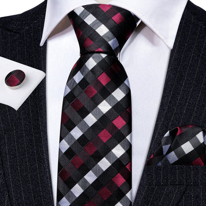 Black Red White Plaid Tie, Pocket Square and Cufflinks Set tie sets    - Sophisticated Gentlemen