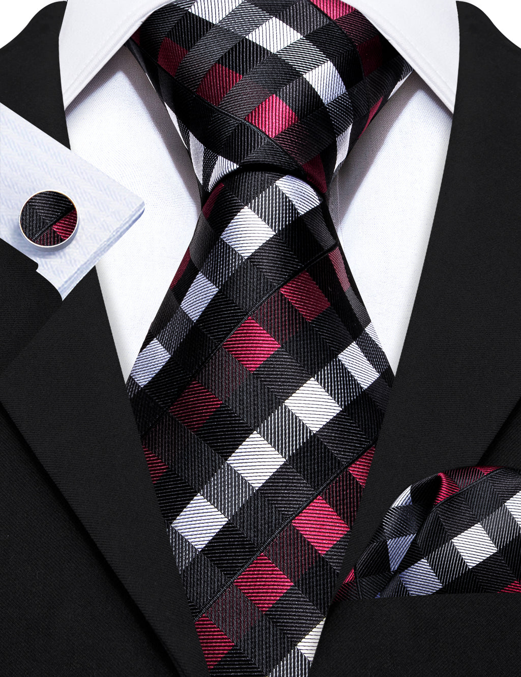 Black Red White Plaid Tie, Pocket Square and Cufflinks Set tie sets    - Sophisticated Gentlemen