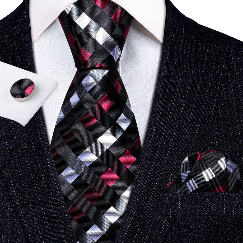 Black Red White Plaid Tie, Pocket Square and Cufflinks Set tie sets    - Sophisticated Gentlemen