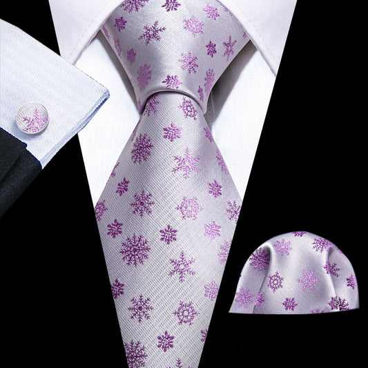 White Pink Christmas Silk Tie, Pocket Square and Cufflinks Set tie sets    - Sophisticated Gentlemen