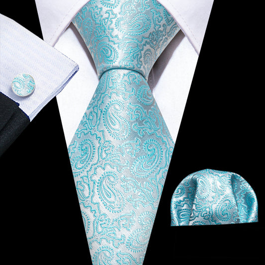Light Blue Silver Paisley Silk Tie, Pocket Square and Cufflinks Set tie sets    - Sophisticated Gentlemen