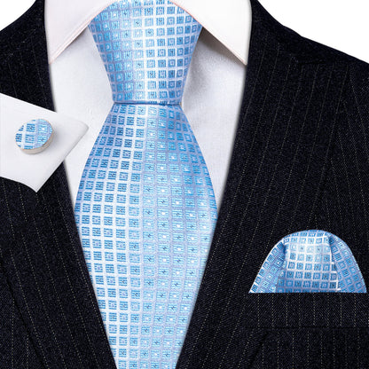 Light Blue Lattice Tie, Pocket Square and Cufflinks Set tie sets    - Sophisticated Gentlemen