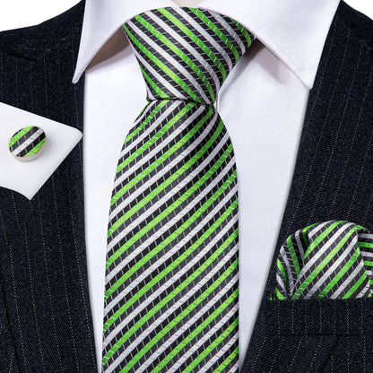 Green White Chartreuse Striped Silk Tie, Pocket Square and Cufflinks Set tie sets    - Sophisticated Gentlemen