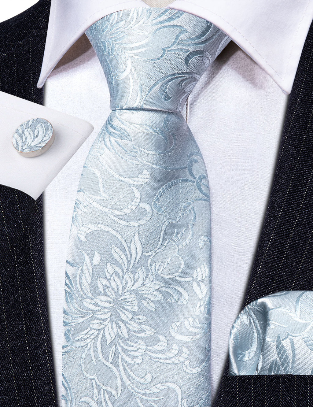 White Peony Flower Silk Tie, Pocket Square and Cufflinks Set tie sets    - Sophisticated Gentlemen