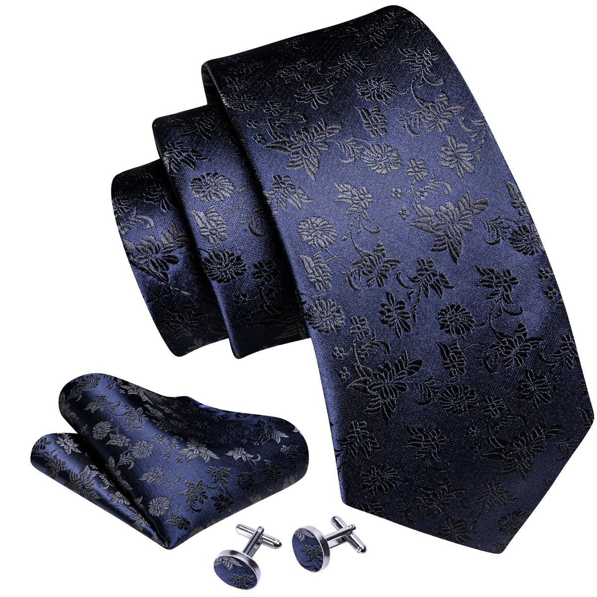 Deep Blue Floral Tie, Pocket Square and Cufflinks Set tie sets    - Sophisticated Gentlemen