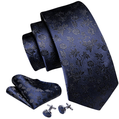 Deep Blue Floral Tie, Pocket Square and Cufflinks Set tie sets    - Sophisticated Gentlemen