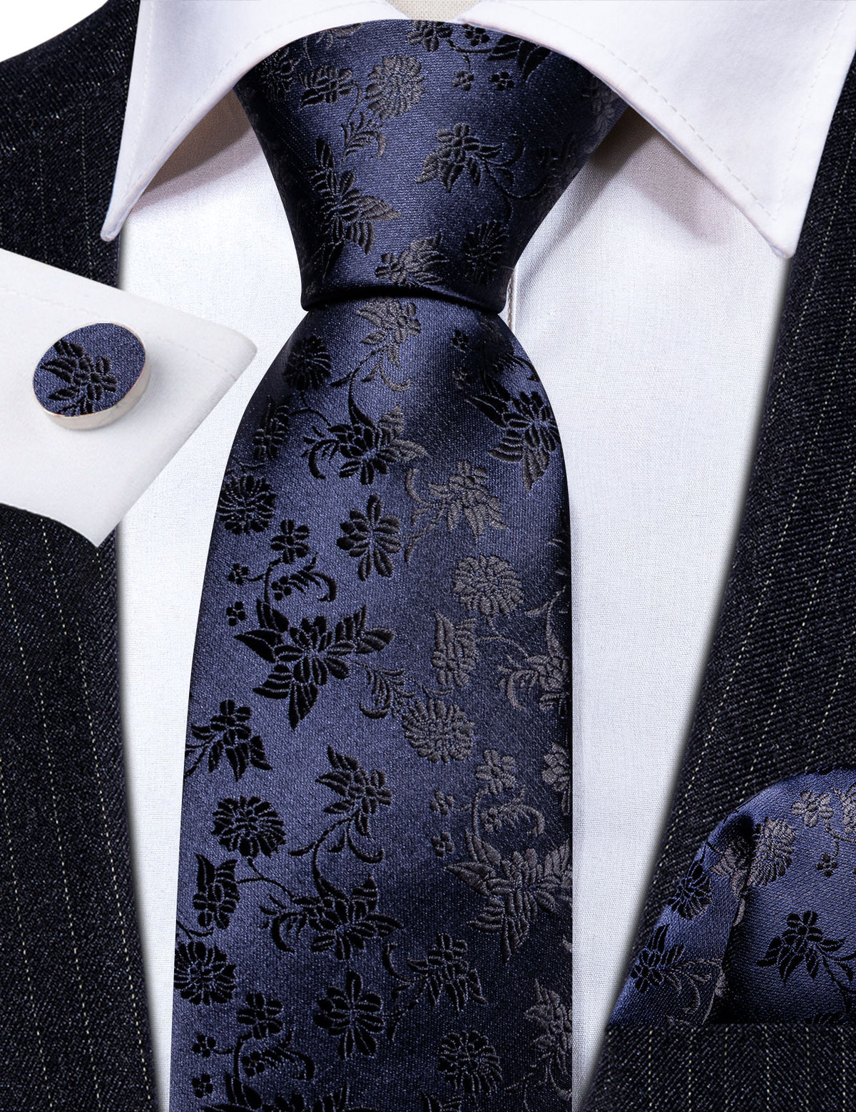 Deep Blue Floral Tie, Pocket Square and Cufflinks Set tie sets    - Sophisticated Gentlemen