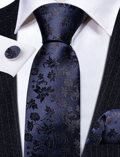 Deep Blue Floral Tie, Pocket Square and Cufflinks Set tie sets    - Sophisticated Gentlemen