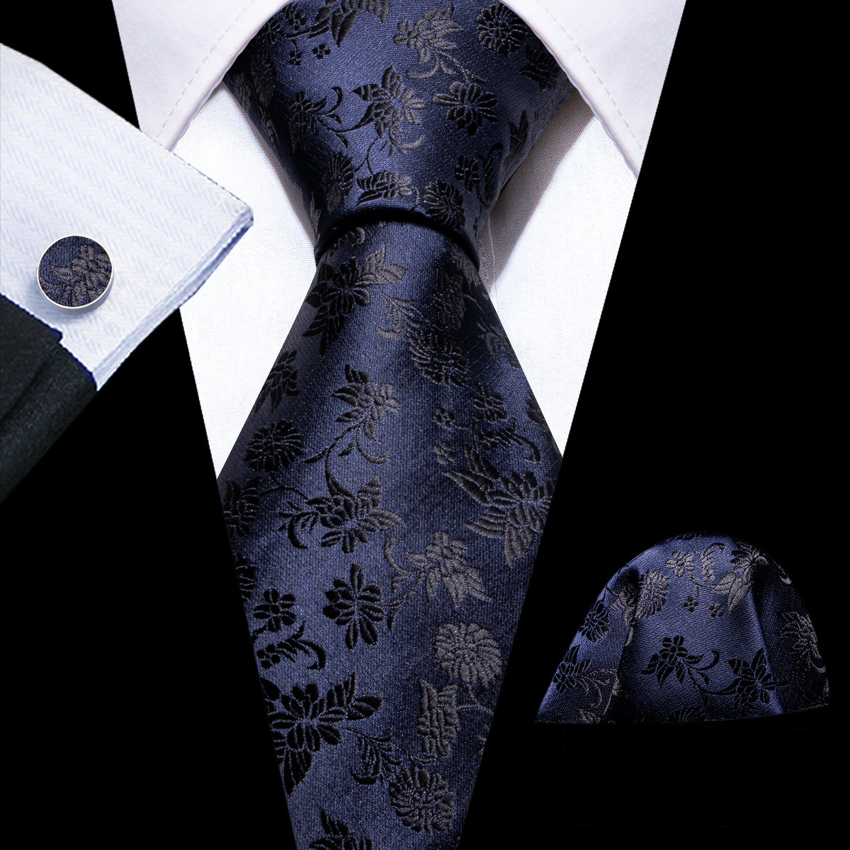 Deep Blue Floral Tie, Pocket Square and Cufflinks Set tie sets    - Sophisticated Gentlemen