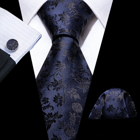 Deep Blue Floral Tie, Pocket Square and Cufflinks Set tie sets    - Sophisticated Gentlemen
