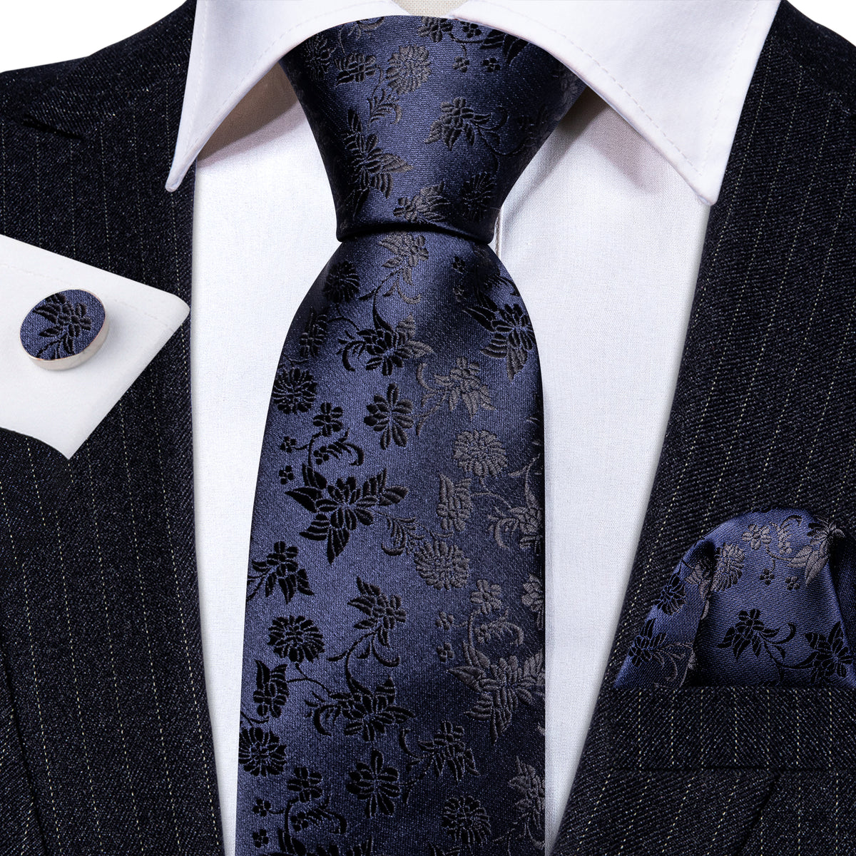 Deep Blue Floral Tie, Pocket Square and Cufflinks Set tie sets    - Sophisticated Gentlemen