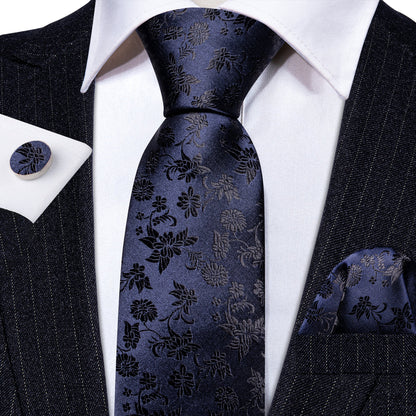 Deep Blue Floral Tie, Pocket Square and Cufflinks Set tie sets    - Sophisticated Gentlemen
