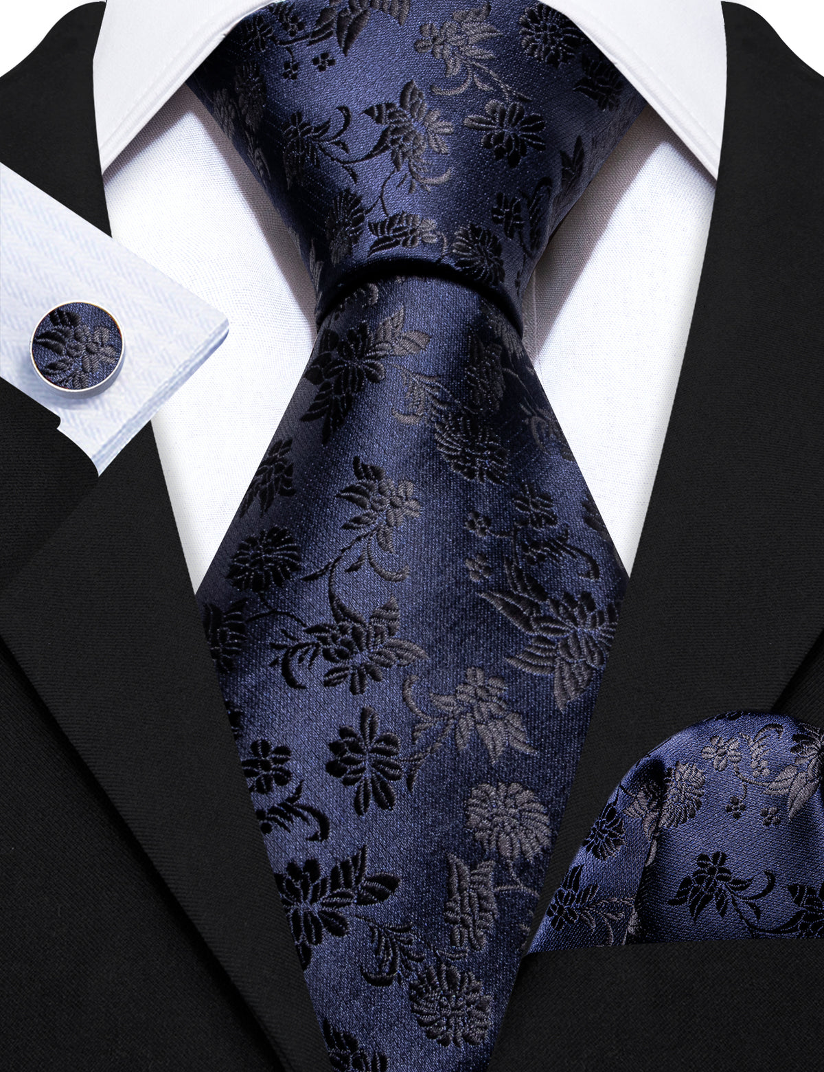 Deep Blue Floral Tie, Pocket Square and Cufflinks Set tie sets    - Sophisticated Gentlemen