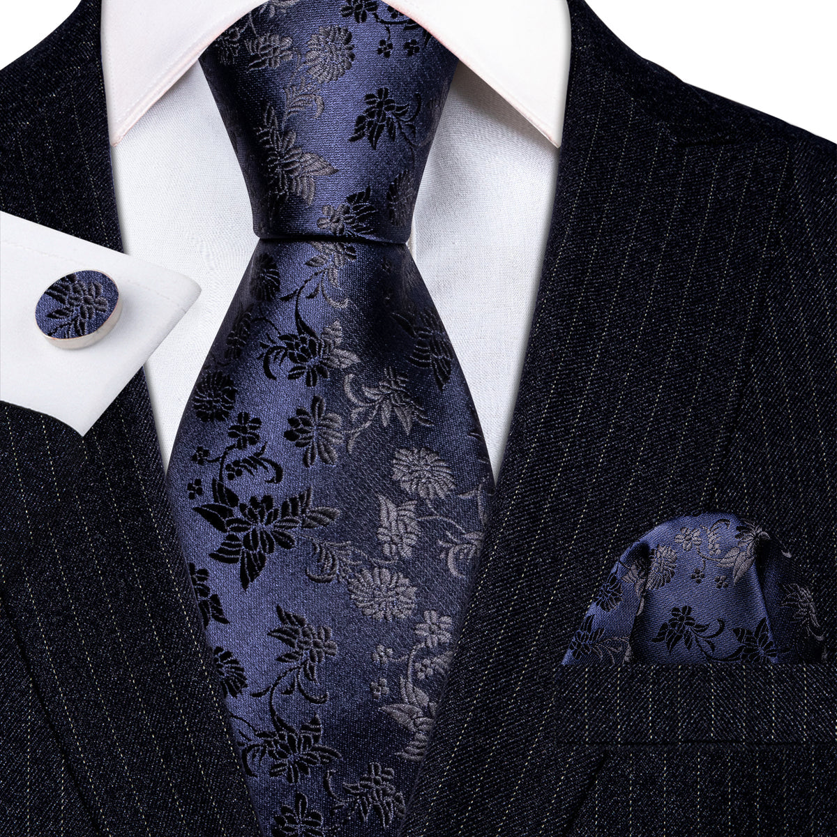 Deep Blue Floral Tie, Pocket Square and Cufflinks Set tie sets    - Sophisticated Gentlemen