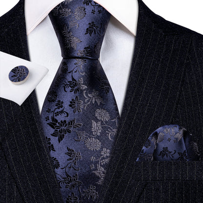Deep Blue Floral Tie, Pocket Square and Cufflinks Set tie sets    - Sophisticated Gentlemen