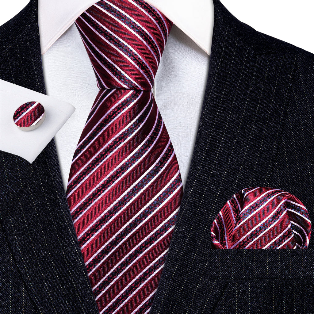 Red Striped Silk Tie, Pocket Square and Cufflinks Set tie sets    - Sophisticated Gentlemen