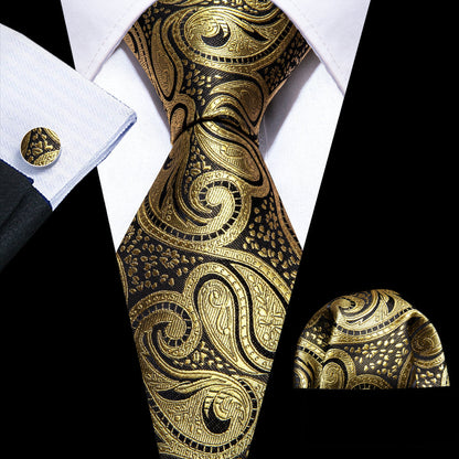 Gold Black Paisley Silk Tie, Pocket Square and Cufflinks Set tie sets    - Sophisticated Gentlemen