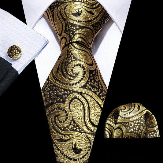 Gold Black Paisley Silk Tie, Pocket Square and Cufflinks Set tie sets    - Sophisticated Gentlemen