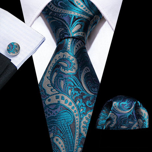 Blue Silver Paisley Silk Tie, Pocket Square and Cufflinks Set tie sets    - Sophisticated Gentlemen