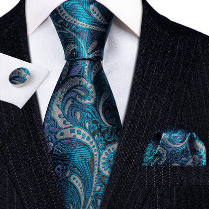Blue Silver Paisley Silk Tie, Pocket Square and Cufflinks Set tie sets    - Sophisticated Gentlemen
