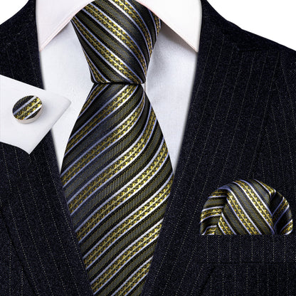 Green Yellow Striped Silk Tie, Pocket Square and Cufflinks Set tie sets    - Sophisticated Gentlemen