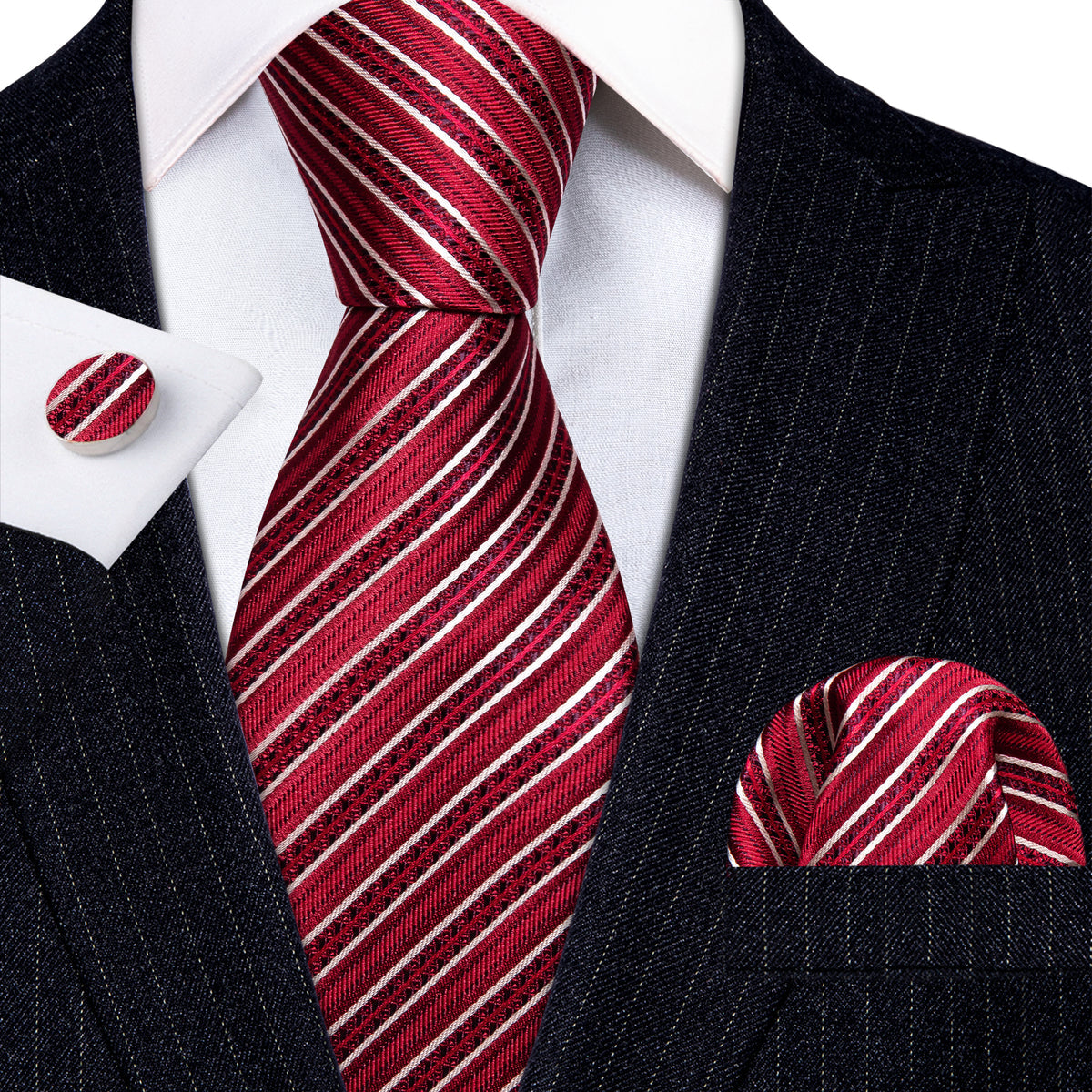 Red White Striped Silk Tie, Pocket Square and Cufflinks Set tie sets    - Sophisticated Gentlemen