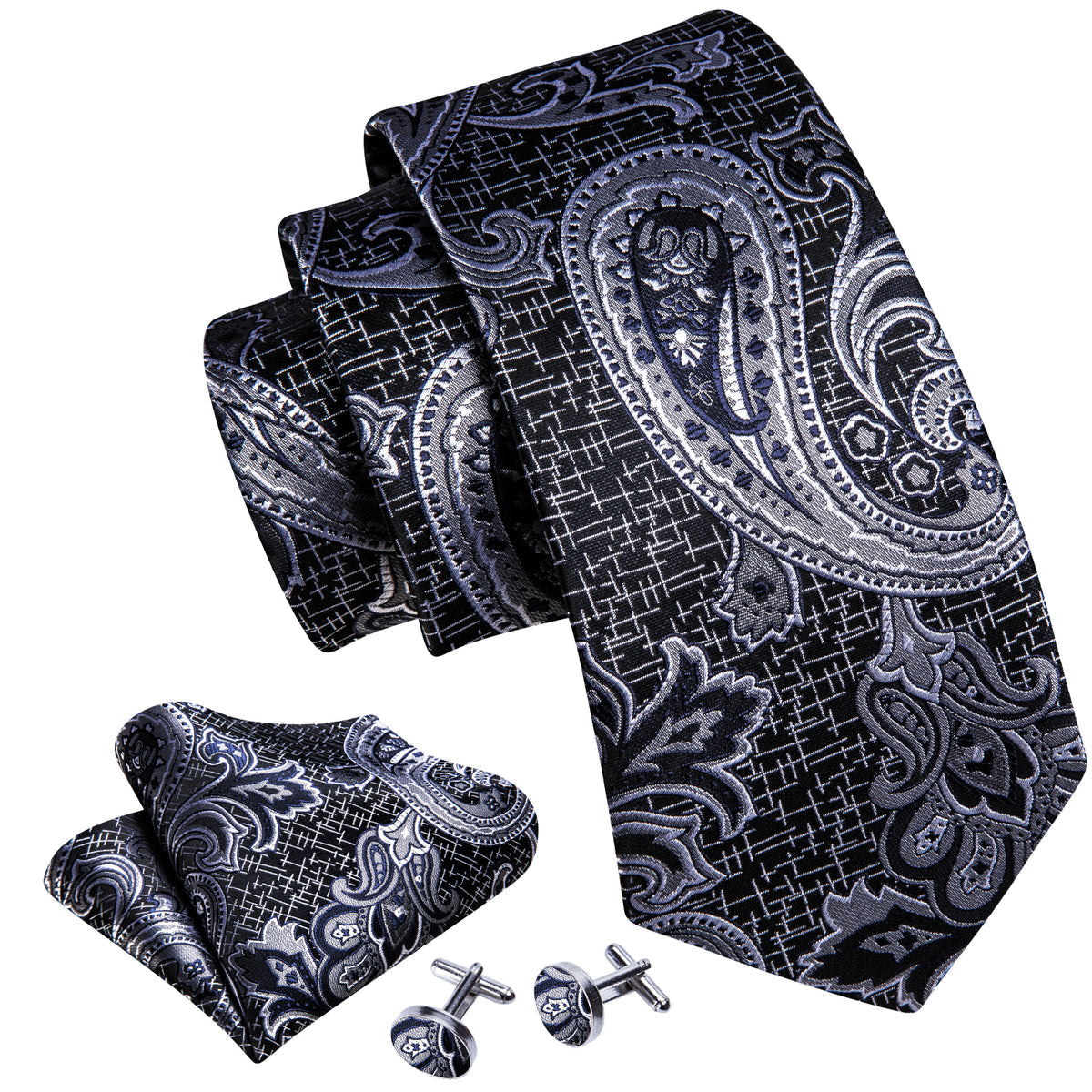 Black Silver Paisley Silk Tie, Pocket Square and Cufflinks Set tie sets    - Sophisticated Gentlemen