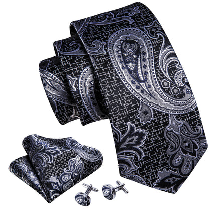 Black Silver Paisley Silk Tie, Pocket Square and Cufflinks Set tie sets    - Sophisticated Gentlemen
