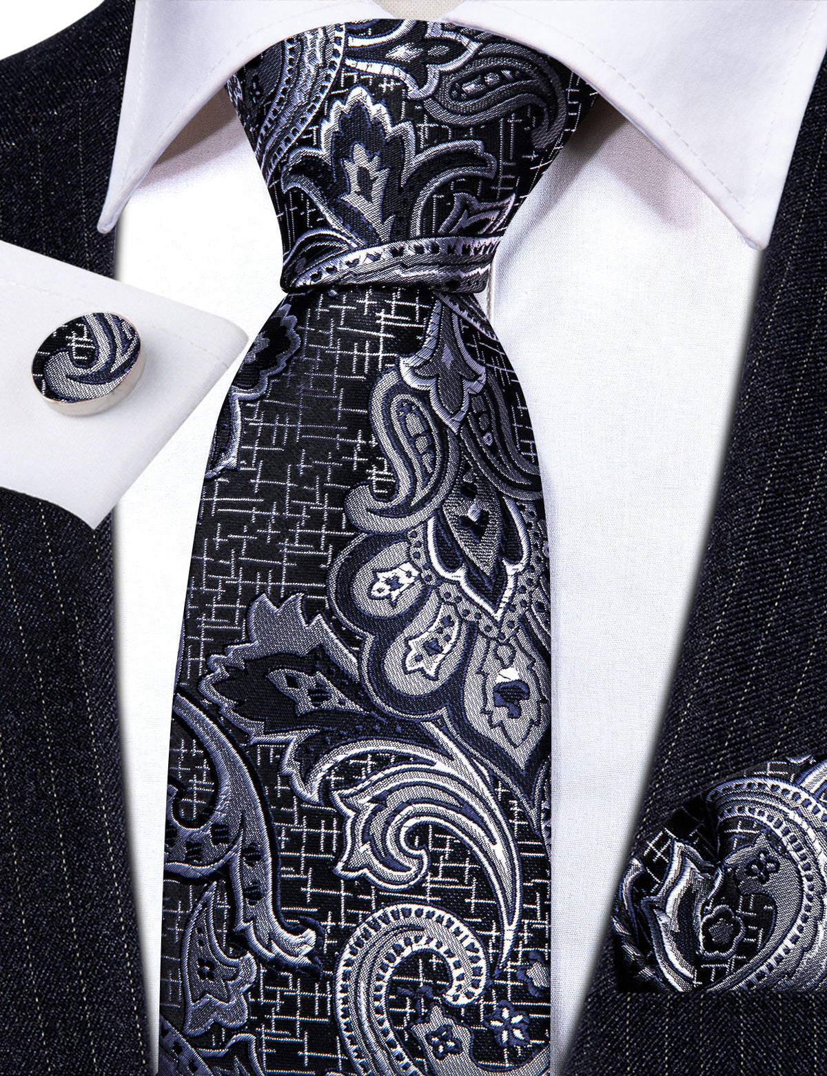 Black Silver Paisley Silk Tie, Pocket Square and Cufflinks Set tie sets    - Sophisticated Gentlemen