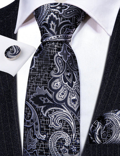Black Silver Paisley Silk Tie, Pocket Square and Cufflinks Set tie sets    - Sophisticated Gentlemen