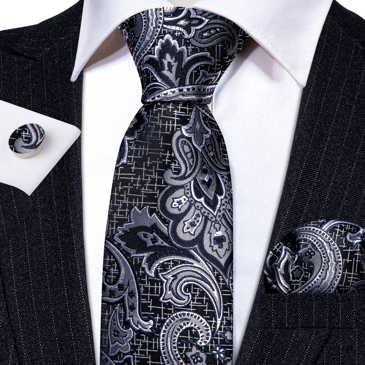 Black Silver Paisley Silk Tie, Pocket Square and Cufflinks Set tie sets    - Sophisticated Gentlemen