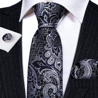 Black Silver Paisley Silk Tie, Pocket Square and Cufflinks Set tie sets    - Sophisticated Gentlemen