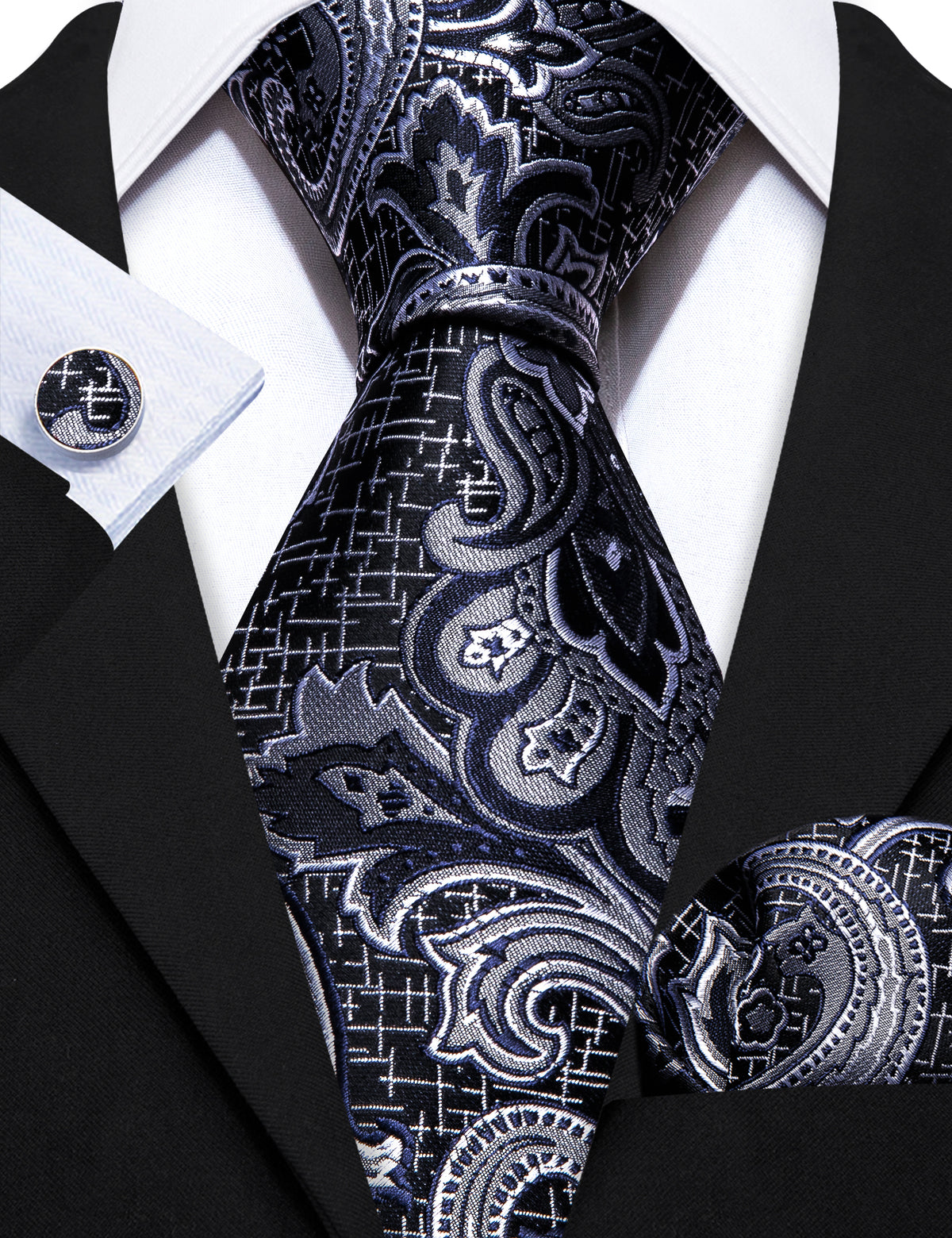 Black Silver Paisley Silk Tie, Pocket Square and Cufflinks Set tie sets    - Sophisticated Gentlemen