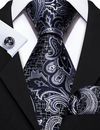 Black Silver Paisley Silk Tie, Pocket Square and Cufflinks Set tie sets    - Sophisticated Gentlemen