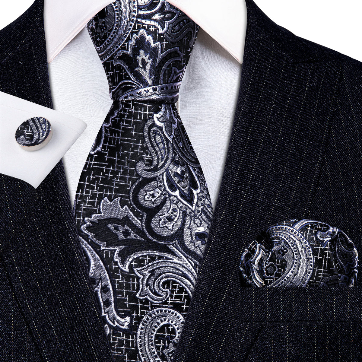 Black Silver Paisley Silk Tie, Pocket Square and Cufflinks Set tie sets    - Sophisticated Gentlemen