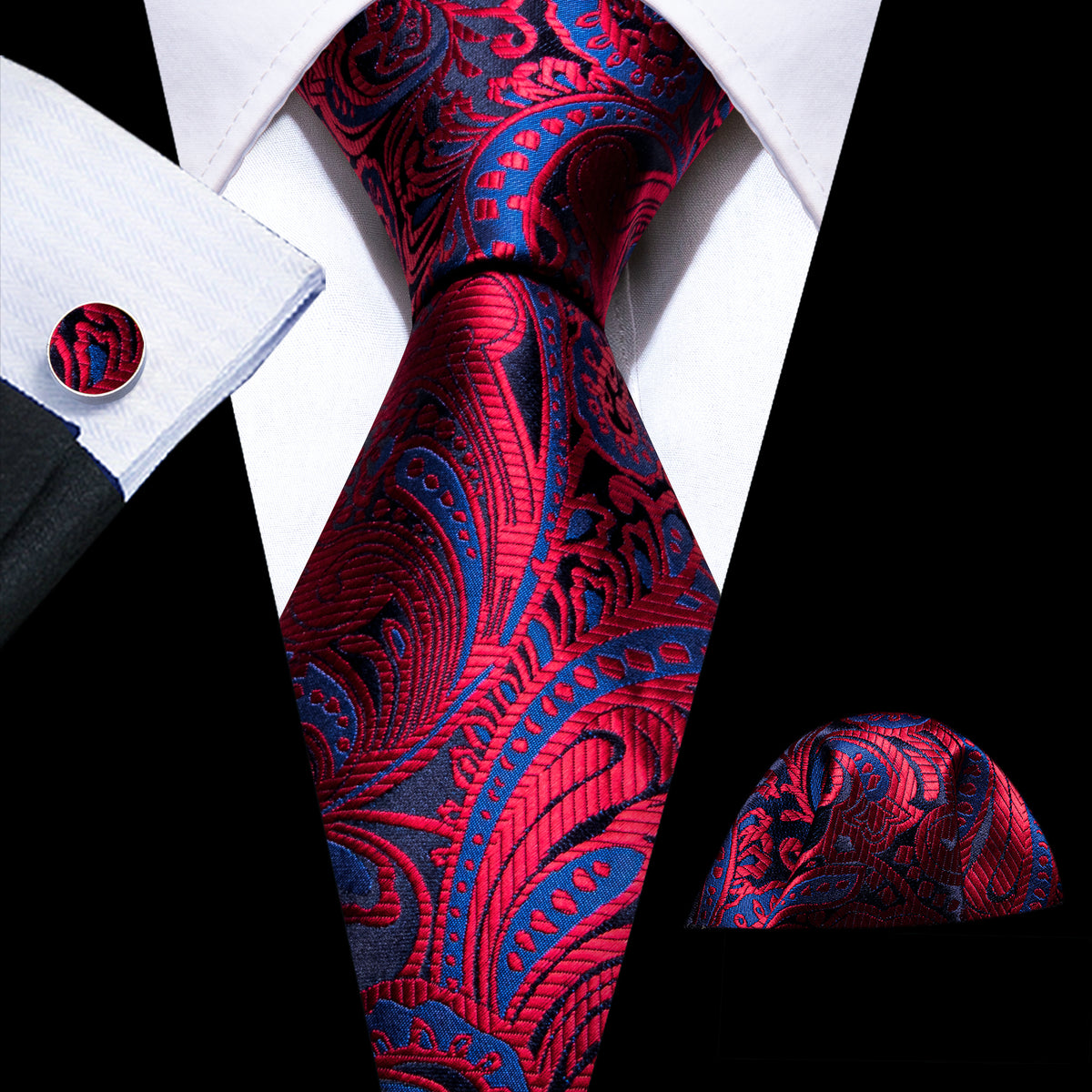 Red Blue Floral Silk Tie, Pocket Square and Cufflinks Set tie sets    - Sophisticated Gentlemen