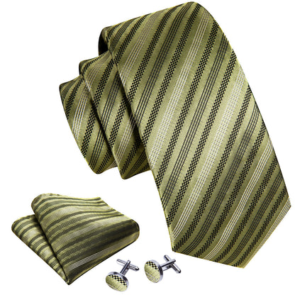 Black Olive Striped Silk Tie, Pocket Square and Cufflinks Set tie sets    - Sophisticated Gentlemen
