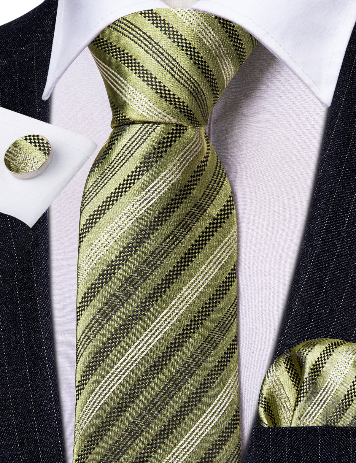 Black Olive Striped Silk Tie, Pocket Square and Cufflinks Set tie sets    - Sophisticated Gentlemen