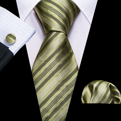 Black Olive Striped Silk Tie, Pocket Square and Cufflinks Set tie sets    - Sophisticated Gentlemen