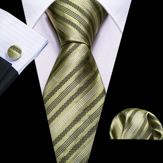Black Olive Striped Silk Tie, Pocket Square and Cufflinks Set tie sets    - Sophisticated Gentlemen