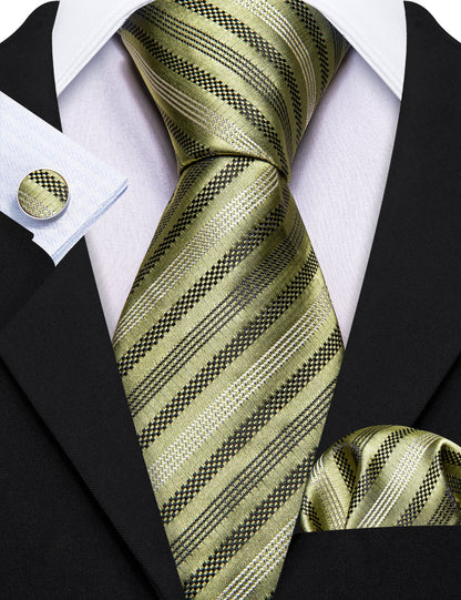 Black Olive Striped Silk Tie, Pocket Square and Cufflinks Set tie sets    - Sophisticated Gentlemen