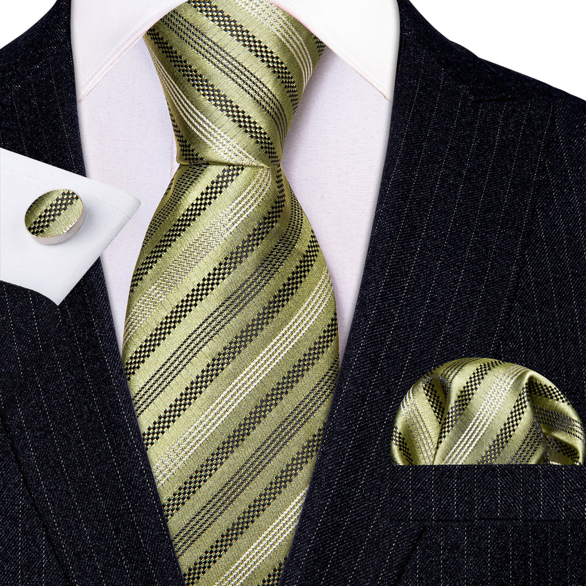 Black Olive Striped Silk Tie, Pocket Square and Cufflinks Set tie sets    - Sophisticated Gentlemen