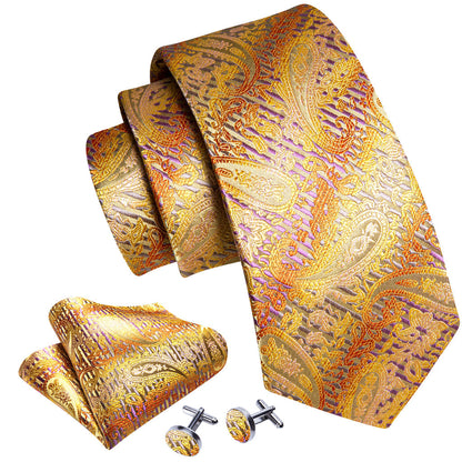 Golden Floral Silk Tie, Pocket Square and Cufflinks Set tie sets    - Sophisticated Gentlemen