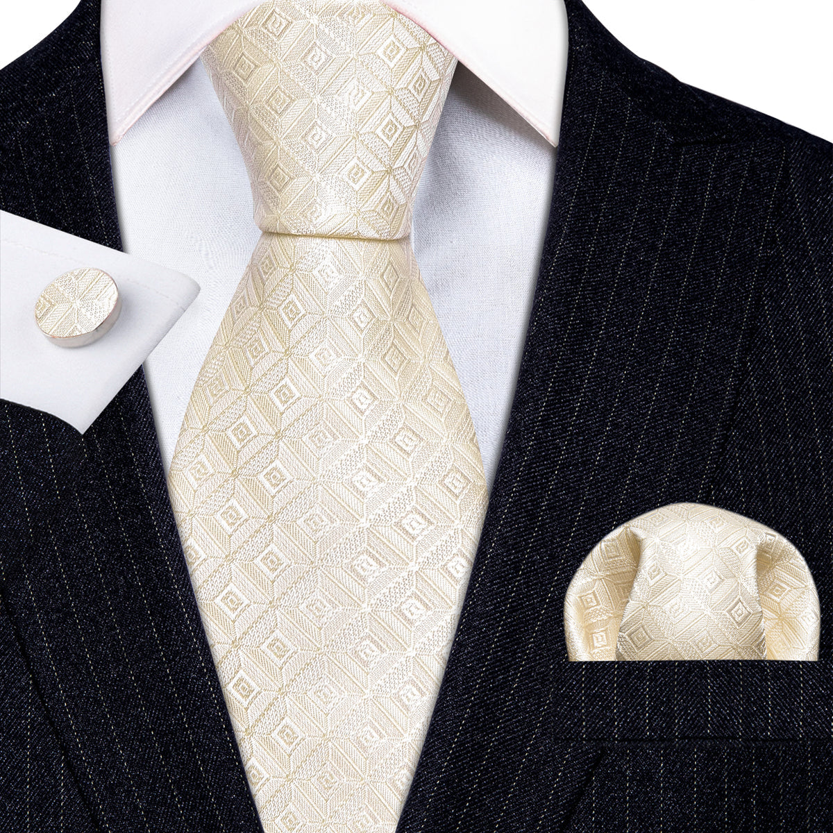 Cream Novelty Geometry Silk Tie, Pocket Square and Cufflinks Set tie sets    - Sophisticated Gentlemen