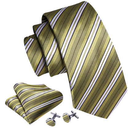 LemonChiffon Yellow White Striped Silk Tie, Pocket Square and Cufflinks Set tie sets    - Sophisticated Gentlemen