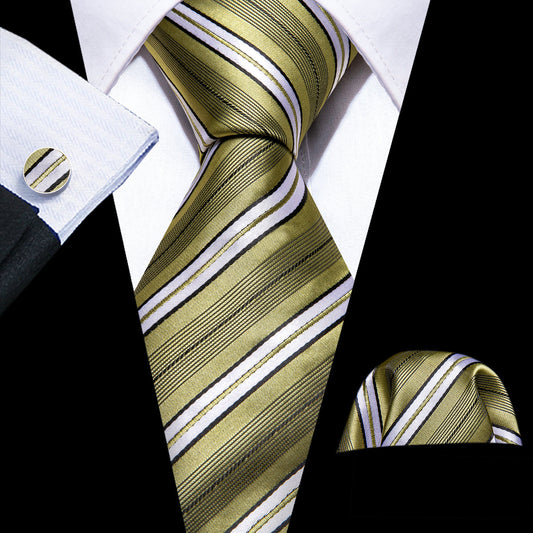 LemonChiffon Yellow White Striped Silk Tie, Pocket Square and Cufflinks Set tie sets    - Sophisticated Gentlemen