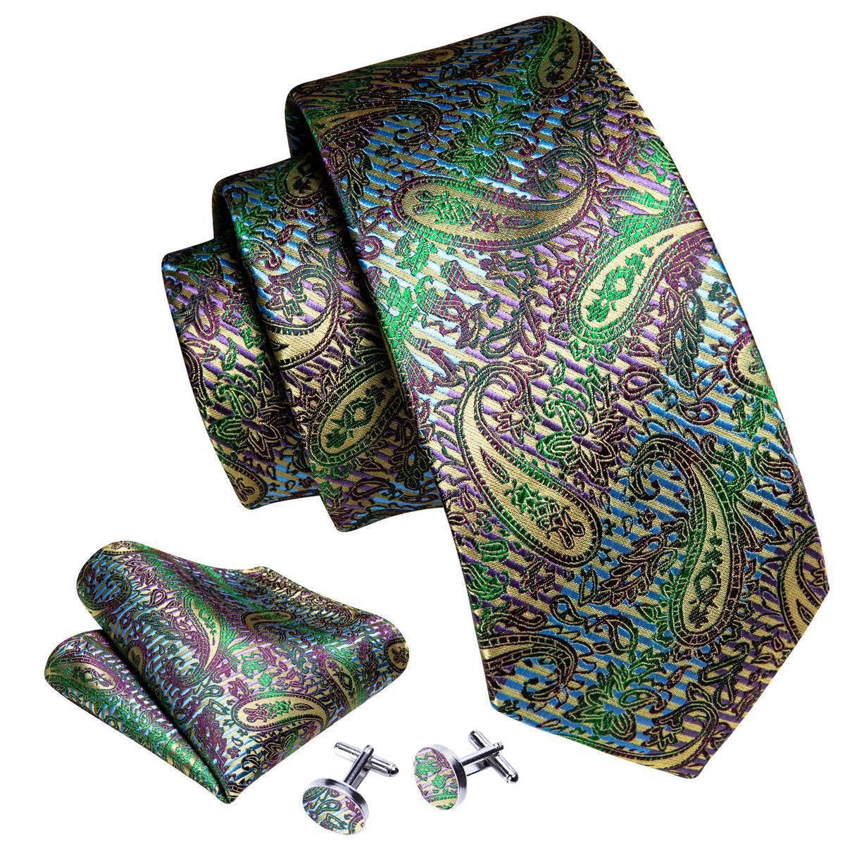 Colorful Paisley Silk Tie, Pocket Square and Cufflinks Set tie sets    - Sophisticated Gentlemen
