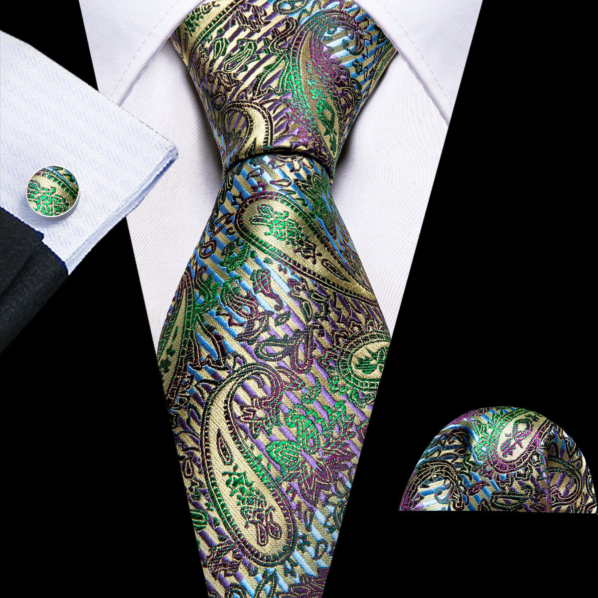 Colorful Paisley Silk Tie, Pocket Square and Cufflinks Set tie sets    - Sophisticated Gentlemen